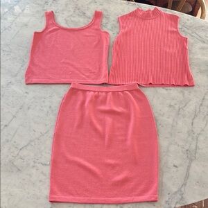 Three Piece St. John Peach/Pink Knit Tops and Skirt Set NEW